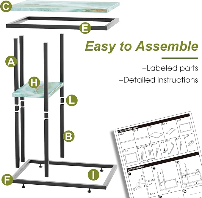 C Shaped End Side Table, Couch Sofa Table for Small Space, Snack Table with Metal Frame, TV Tray Table for Bed, Living Room, Bedroom, Bedside(Sea Blue)
