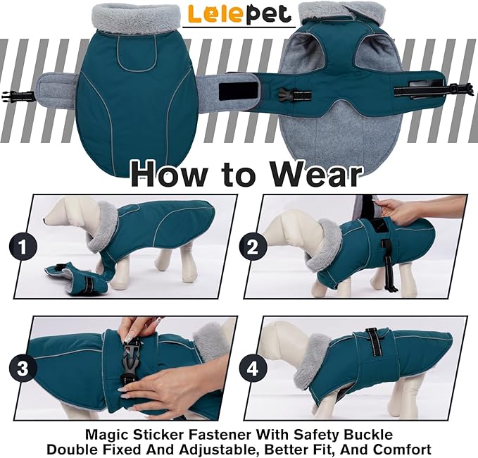 Lelepet Warm Dog Coat Reflective Fleece Vest Waterproof Dog Jacket with Adjustable Buckle Hook & Loop Windproof Cold Weather Coats for Small Medium Large Dogs, Dark Green, M