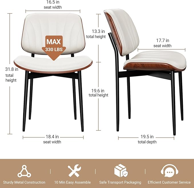 Dining Chairs Set of 6, Mid-Century Modern Upholstered PU Leather Chairs with Walnut Bentwood Back and Metal Legs Adjustable Feet for Kitchen Dining Room, Off-White Shell Strips