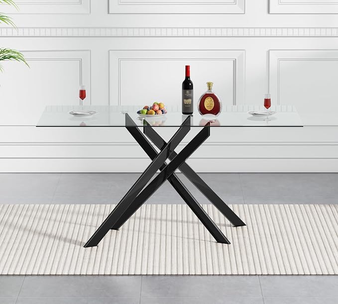 51.18" Glass Dining Table for 4-6, Dining Room Table with Black Tempered Glass and Black Metal Legs, Modern Rectangular Kitchen and Dining Room Dinner Table for Kitchen