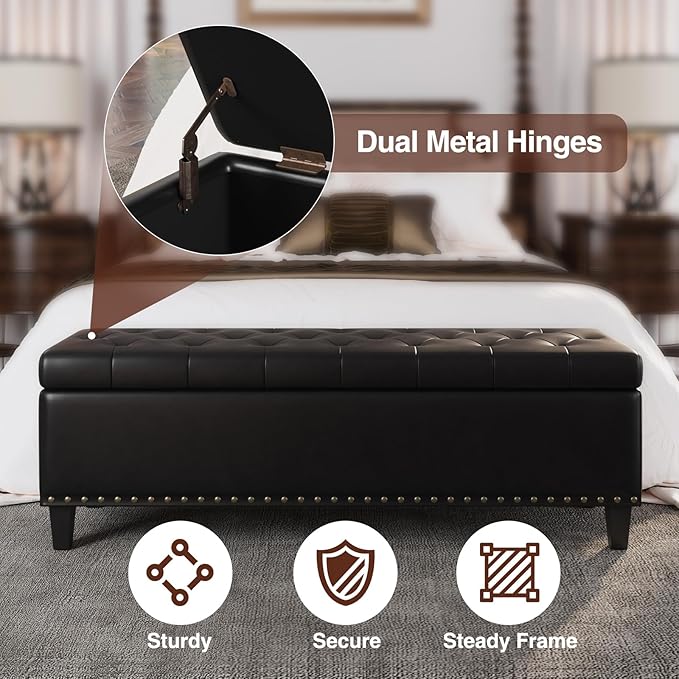 Storage Ottoman Bench,51-Inch Large Storage Bench for Bedroom End of Bed, 30 Gallons Faux Leather Ottoman with Storage for Bedroom, Living Room, Entryway, Black