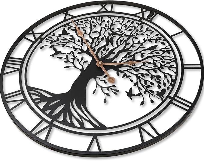 Tree of Life Wall Clock, 24Inch Metal Black Family Tree Oversized Wall Clocks for Living Room Bedroom Home Decor, Modern Silent Mid-Century Battery Operated