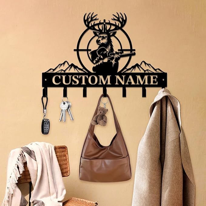 Personalized Custom Name Hunting Deer Wall Key Hooks,Metal Hunting Art Clothes Hooks,Metal Hunting Wall Home Storage Decorative,Hunter For Front Door, Hallway, Kitchen, Bedroom,Keys,Hats (Style J)