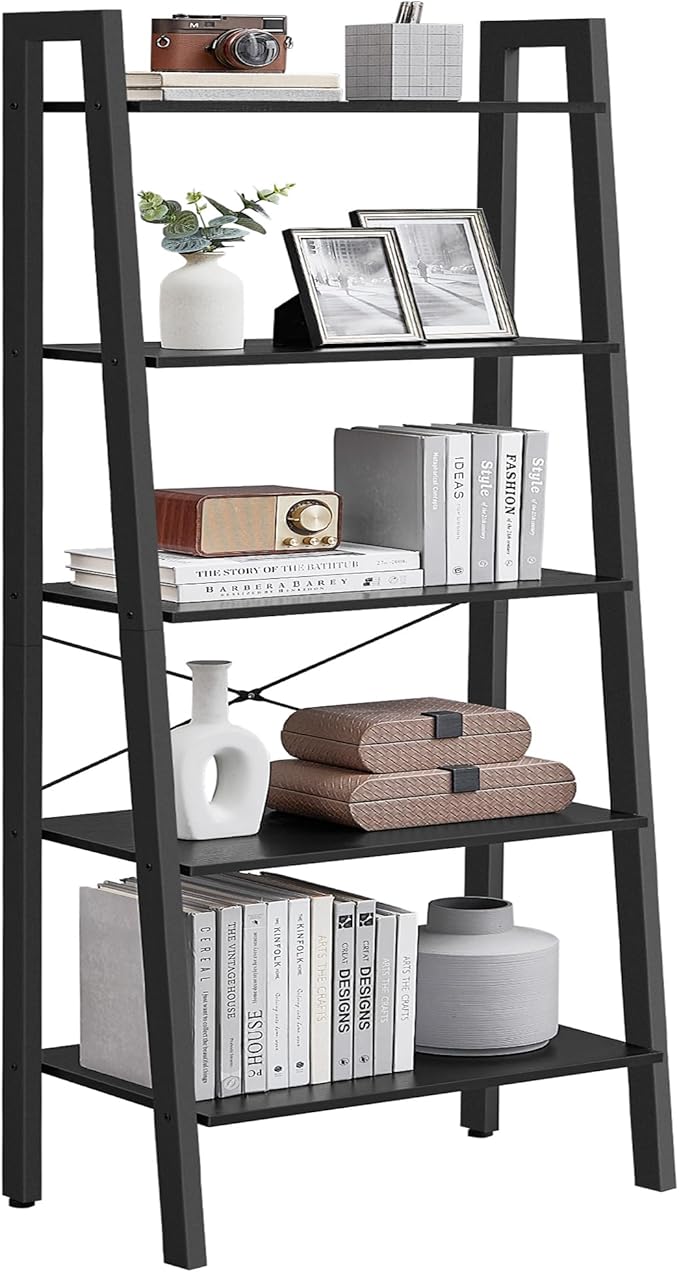 VASAGLE Ladder Shelf, 5-Tier Bookshelf, Storage Rack, Bookcase with Steel Frame, for Living Room, Home Office, Kitchen, Bedroom, Industrial Style, Ebony Black and Ink Black ULLS045B56