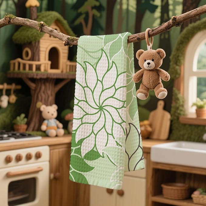 Boho Floral Abstract Waffle Towels, Flower Hand Towel for Bathroom Decor, 16x24 Inch Neutral Green Flower Dish Tea Towel Decor for Kitchen/Bath/SPA,Gift for Friends.