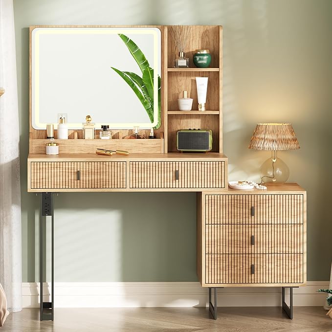 Large Vanity Desk with 3 Color Touch Screen Dimming Mirror, Vanity Desk with Charging Station, Modern Retractable Makeup Dressing Table, Makeup Table With storage shelves and 5 Sliding Drawers, Oak