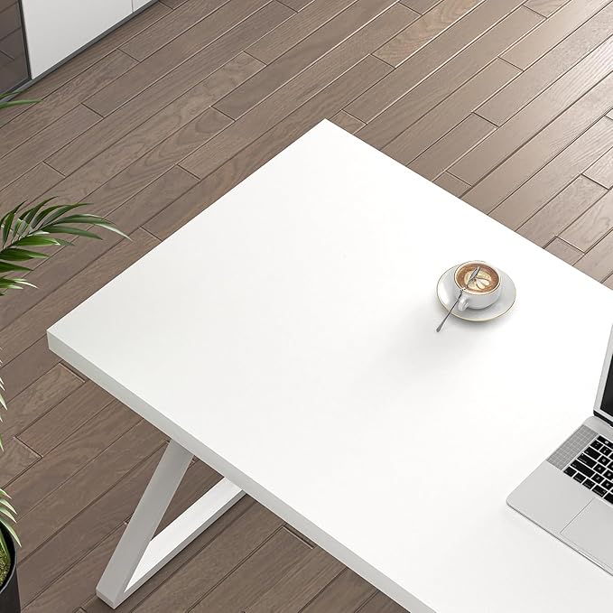 FOLUBAN Modern White Desk, Rustic Wood and Metal Computer Desk for Home Office, Simple Writing Work PC Desks for Bedroom, Industrial Study Gaming Table for Living Room, White, 53 Inch