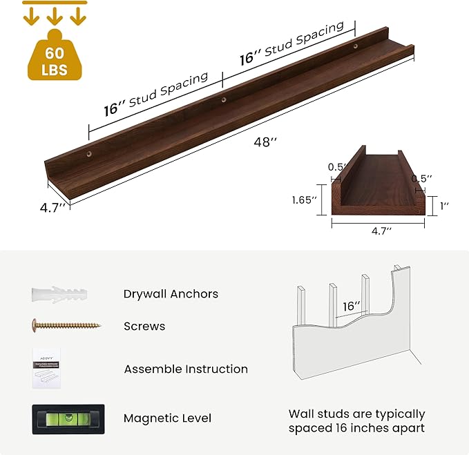 Solid Ash Wood Floating Shelves, Wood Picture Ledge Shelf Set of 2, 48 Inch Long Large Photo Ledge Shelves, Nursery Book Shelves Wall Mounted for Living Room Kids' Bedroom Decor, Color Walnut