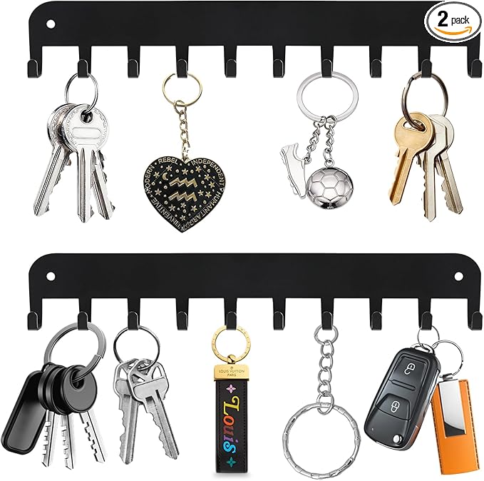 2 Pack Key Holder Wall Mount, 10 Hooks Car Key Holder for Wall, No Drilling Required, Key Rack Adhesive, Keys Hanger on Wall, Key Rack Wall Mount for Entryway, Living Room, Hallway (Black)