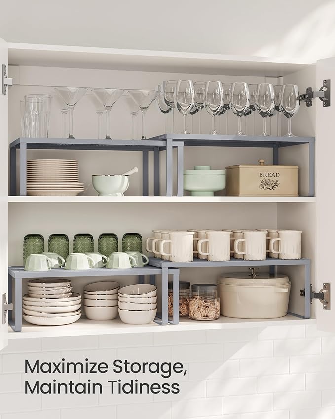 SONGMICS Spice Racks, Set of 2 Metal Cabinet Shelf Organizers, Countertop Organizers, Shelf Risers, Stackable, Expandable, Silver UKCS401G01