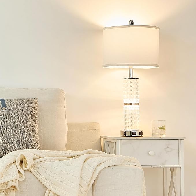 Crystal Table Lamps Modern 3-Way Dimmable Bedside Lamp with 2 USB Ports & AC Outlets for Living Room Bedroom Nightstand Lamp Night Light