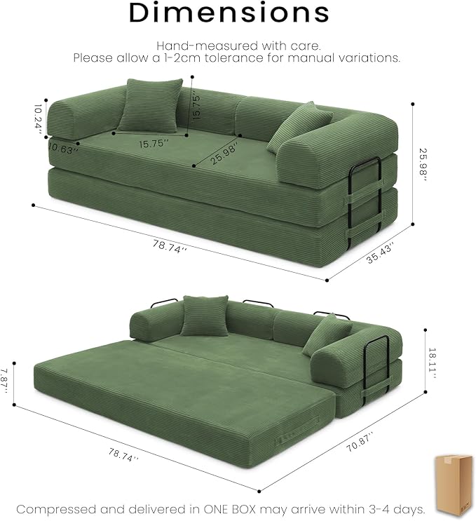 Compression Sofa - 79'' Convertible Sofa Bed, Boneless Couch in a Box, Modular Corduroy Foldable Sleeper Sofa with 2 Pillows, Loveseat Couches for Living Room (Corduroy Fabric, Dark Green)