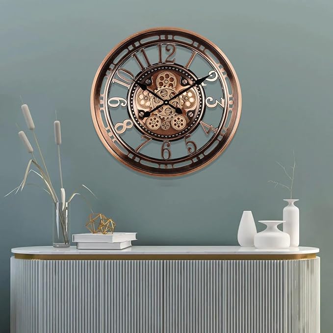 INFINITY TIME 21 Inch Moving Gears Wall Clock,Large Metal Wall Clock for Modern Farmhouse Living Room Decor,Copper Arabic Numeral,House Warming Gifts New Home