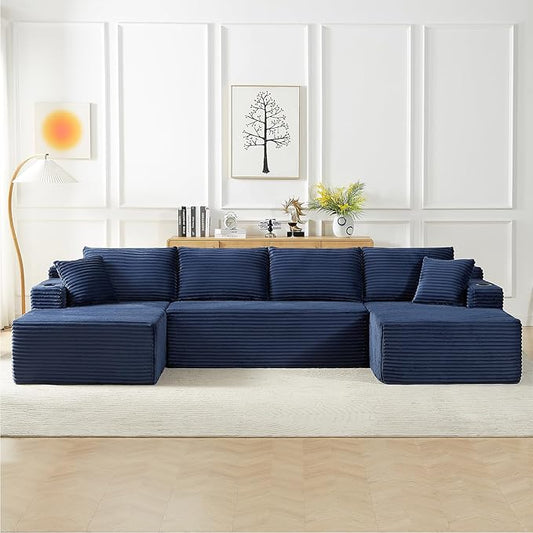 134 Inch Cloud Sectional Couch for Living Room,Corduroy Boneless Couches with Cup Holder,Modern Modular Sectional Sofa with Deep Seat,No Assembly Required (Blue, U-Shaped Sofa)