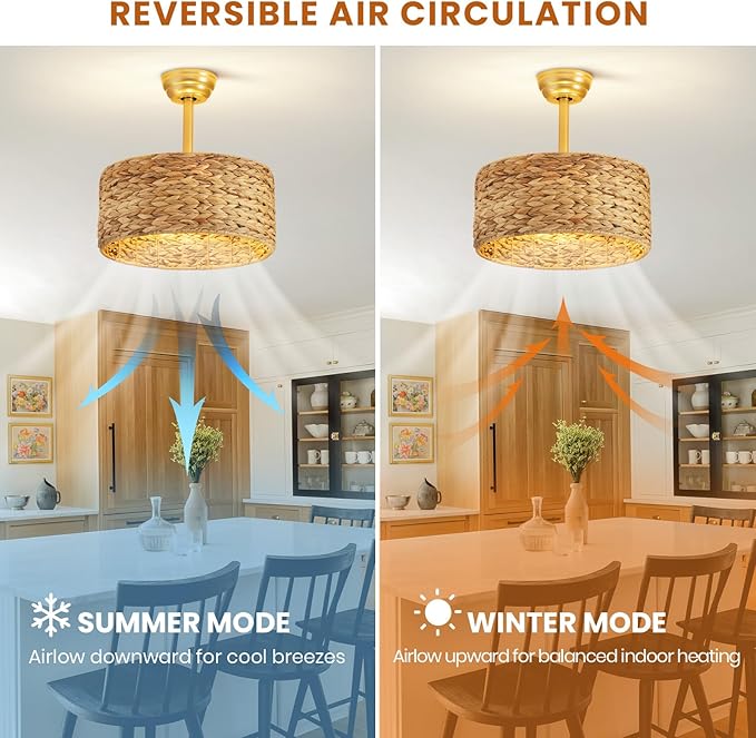 Boho Fandelier Ceiling Fans with Lights, Rattan Chandelier Fan Gold Caged Ceiling Fan with Light Remote, Flush Mount Chandelier Ceiling Fan with 6 Speeds Fandelier for Bedroom, Living Room,Kitchen