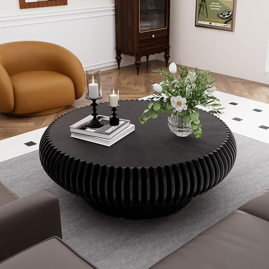Round Drum Coffee Table for Living Room, Mid Century Modern Coffee Table with Sturdy Pedestal, Farmhouse Fluted Circle Center Table Accent Tea Table for Apartment (31.5" Black)