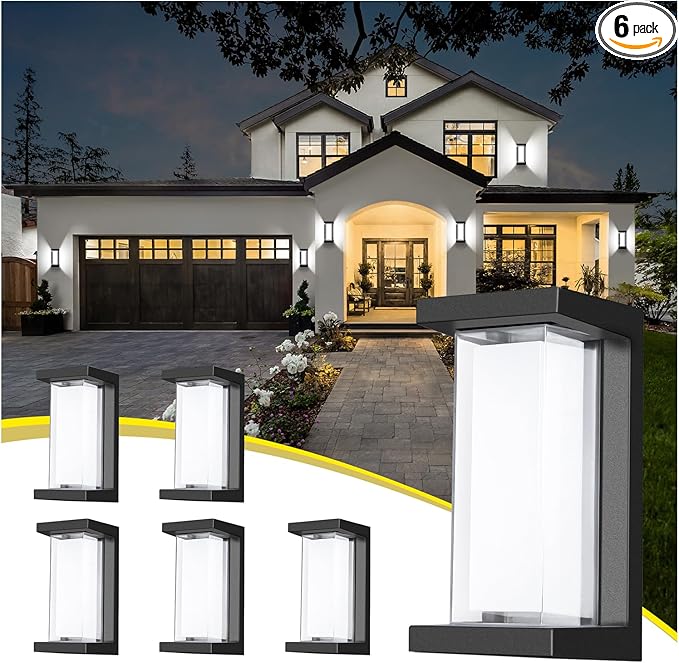 Juyace 18W Exterior Lighting Fixtures 6 Pack Budget-Friendly Outdoor Porch Lights Modern Black Sconces Wall Mount 1800Lm 6000K IP65 Waterproof for Garage House Patio Front Door Entryway