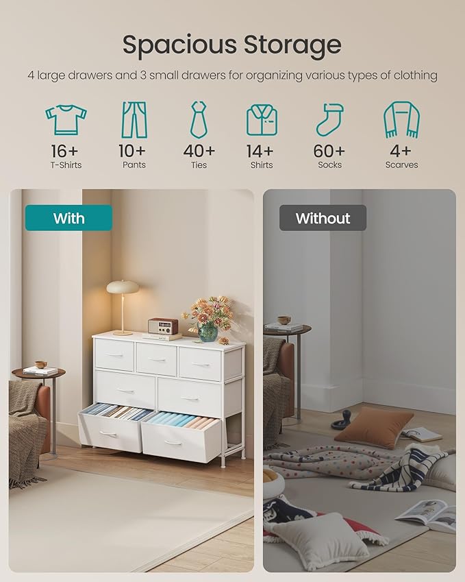 SONGMICS Dresser for Bedroom, Chest of Drawers, TV Stand, Steel, MDF, 7 Non-Woven Fabric Drawers, Storage Organizer Unit, Closet, Entryway, Cloud White and Snow White ULGS323W01S