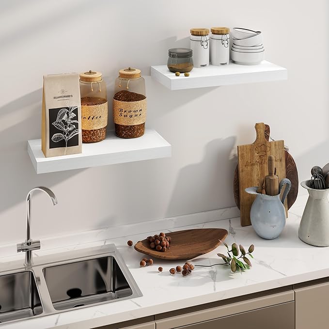 Fun Memories White Floating Shelves, 8 Inch Deep Wall Shelves Set of 2, Rustic Deep Shelves for Wall Storage, 24 x 8 Floating Shelves, 8" White Shelf for Bedroom, Living Room, Kitchen