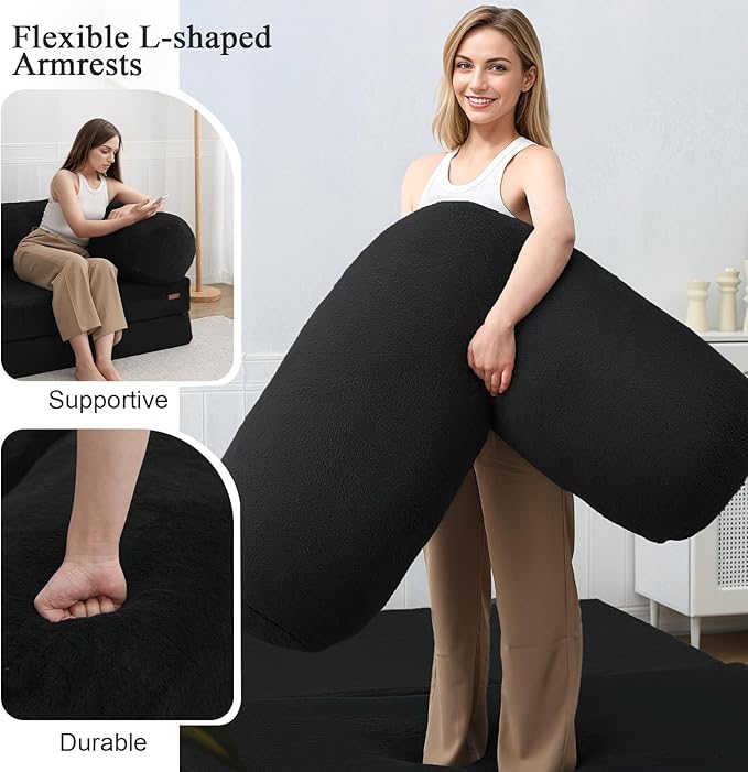 COMAX 4-in-1 Futon Sofa Bed, Queen Size Foldable Couch with L-Shaped Armrests, Convertible Sleeper Chair Bed, Comfortable Lounge Mattress for Living Room and Bedroom, Dark Black