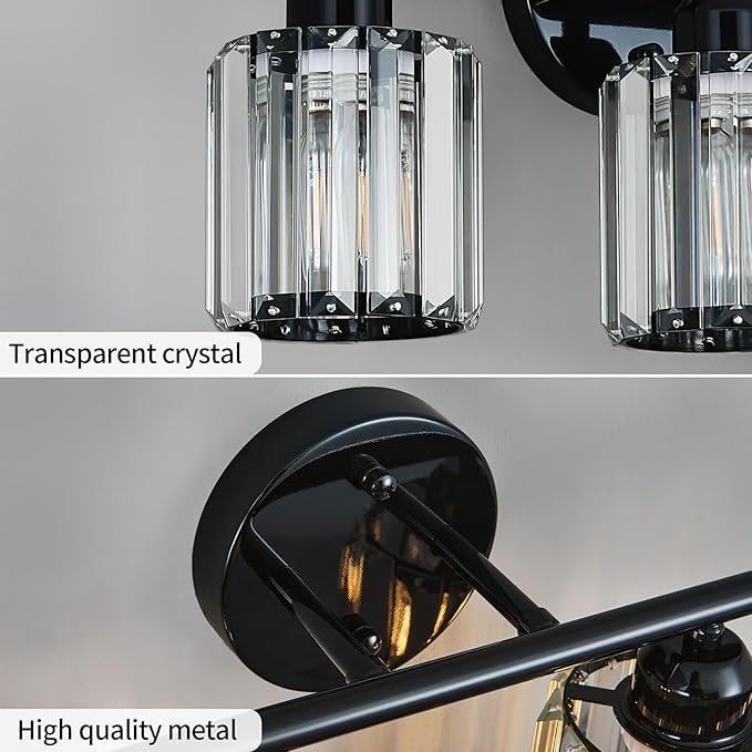 Modern 2 Light Crystal Vanity Light, Plating Black Vertical Bathroom Light Fixture Over Mirror for Dressing Table Sink, Compatible with Dimmable Bulbs (Bulbs Not Included)