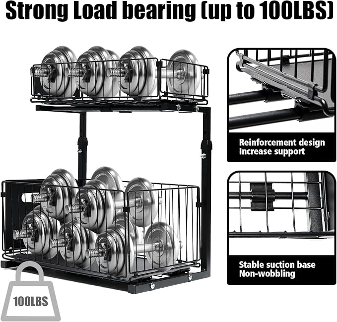 Under Sink Organizer, Multi-Purpose Sliding Cabinet Storage 2 Tier Sink Organizer, Adjustable Kitchen Organizers and Storage, Easy Install & Clean, Black