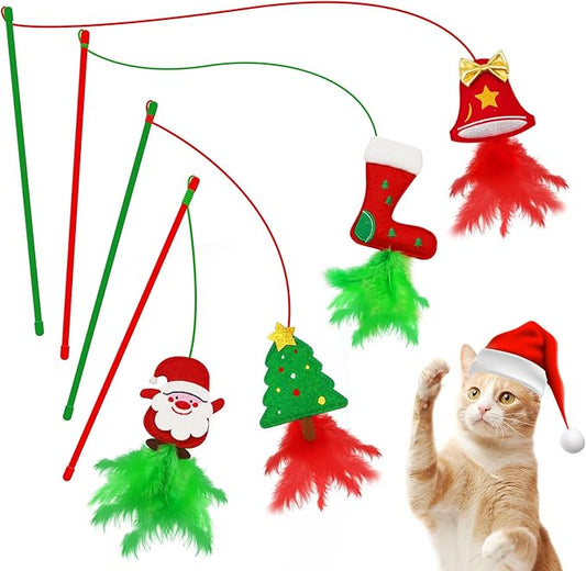 Cat Wand Toys - 4 Pack Wand Toys for Indoor Cats, Catnip and Feather Cat Gifts for Christmas Kitten