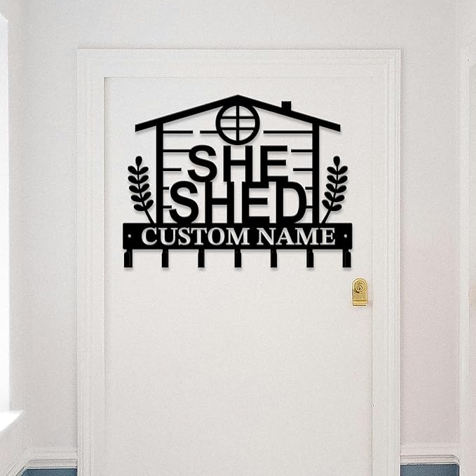 Personalized She Shed Keys Hooks,Custom Name Metal She Shed Art Keys Hooks,Metal She Shed Lover Wall Home Storage Decorative Keys Hooks,Key Holder Hooks for Wall (Style C)