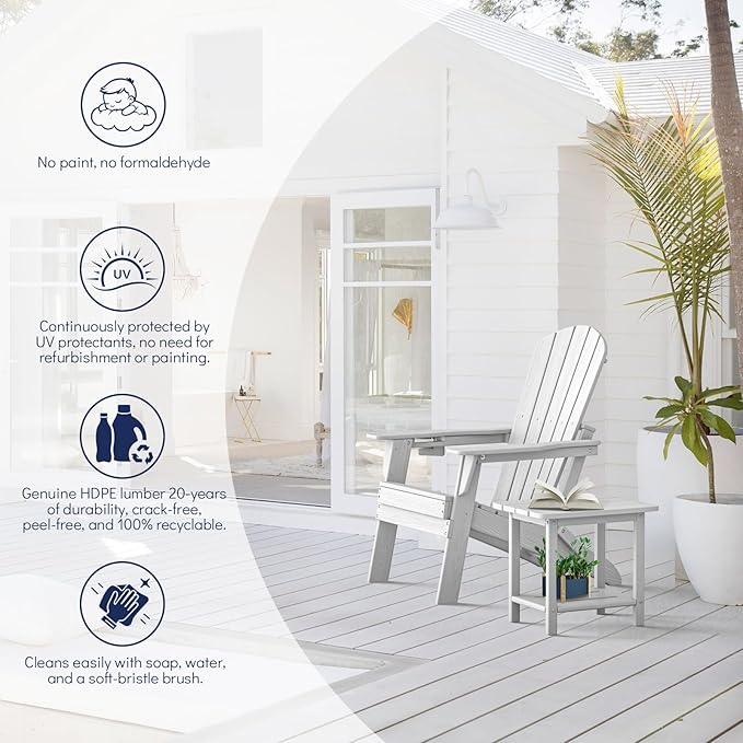 Plawdlik Folding Adirondack Chair, SGS Tested, Wooden Textured with Cup Holder, Heavy All-Weather HDPE Comfortable Set Poolside Backyard Lawn White Set 2