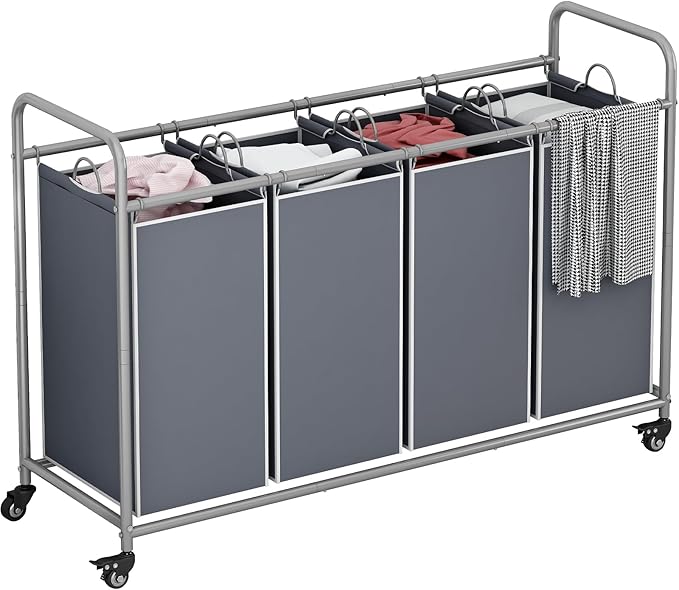 Laundry Sorter 4 Section Hamper Sorter with Heavy Duty Lockable Rolling Wheels Removable Bags Basket Separator for Dirty Clothes Storage, Grey