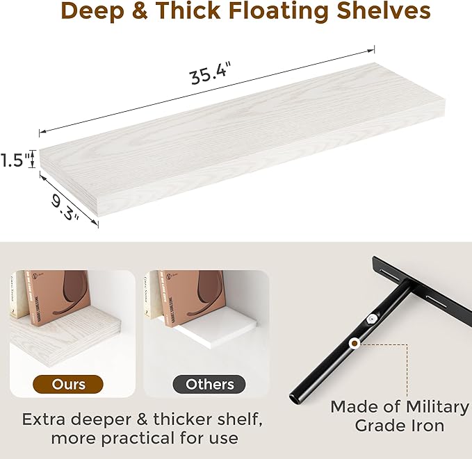 Fun Memories Floating Shelves for Wall, 36 x 9.3 Large Floating Shelf Wall Mounted Set of 2, Rustic Wood Shelves for Bathroom, Kitchen, Living, Heavy-Duty Storage Deep Shelf for Books, Decor, Brich