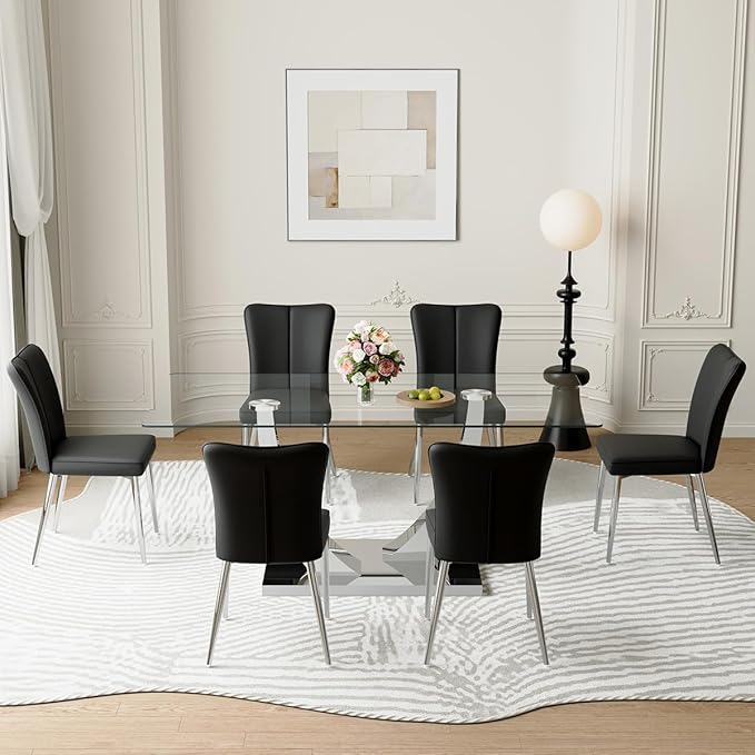 71'' Glass Dining Room Table Set for 6, Kitchen Table Set with 6 PU Leather Chairs, Tempered Glass Dining Table Set with Silver U-Shaped Table Legs and Rectangular Base