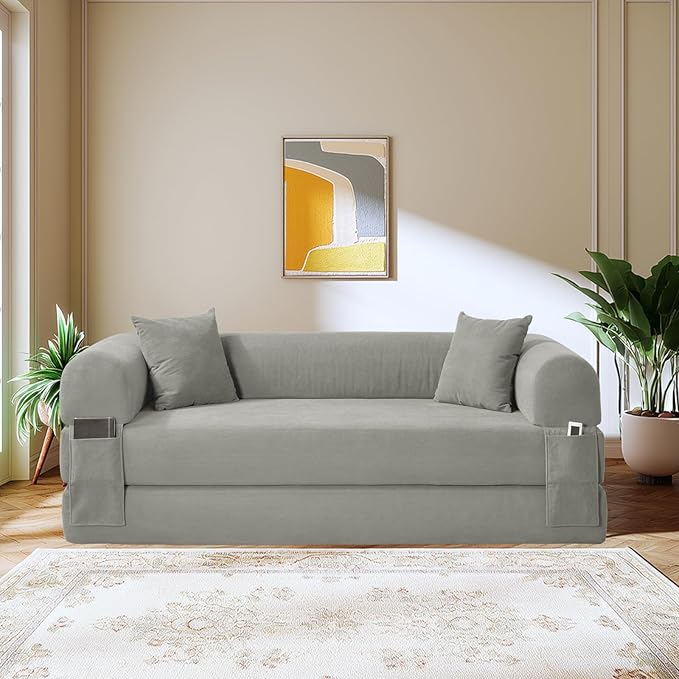 Convertible Folding Sofa Bed,80" Pull Out Couch with Pillows & Storage Pocket,Modular Futon Bed Corduroy Queen Sleeper Sofa in a Box,Compression Boneless Couch for Living Room,Light Gray