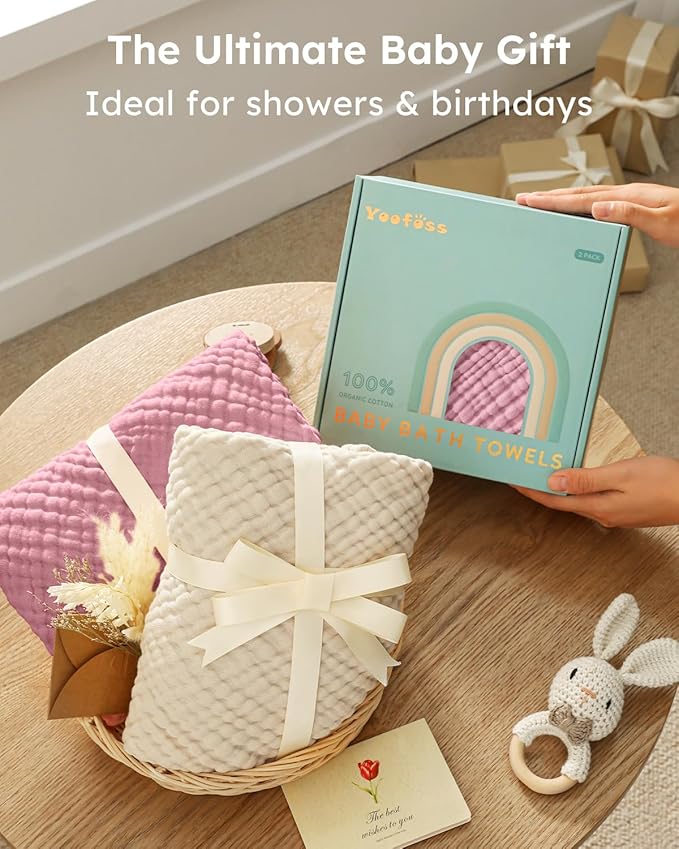 Yoofoss Hooded Baby Towels for Newborn 2 Pack 100% Muslin Organic Cotton Baby Bath Towel with Hood for Babies, Infant, Toddler and Kids, Large 32x32Inch, Soft and Absorbent Newborn Essential