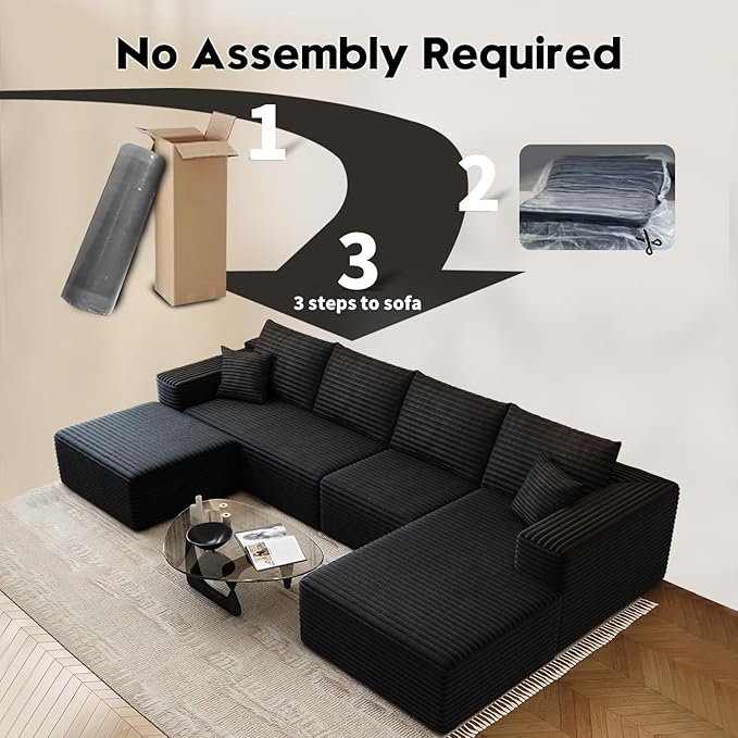 135.4"Cloud Modular Sectional Couch with 1 Ottoman,Modern Minimalist Upholstered Couches, Comfort U Shaped Sofa for Living Room,Deep Seat Corner Couch，No Assembly Required (Black,Right Facing Chaise)