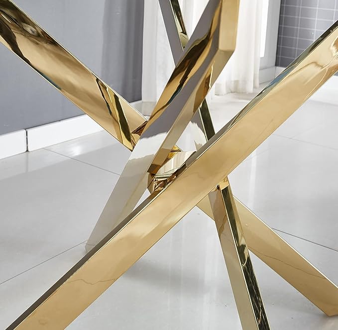 51" Glass Dining Table for 4, Contemporary Rectangular Dining Room Table with Tempered Glass Top & Golden Finish Stainless Steel Legs, Modern Kitchen Table for Home Office