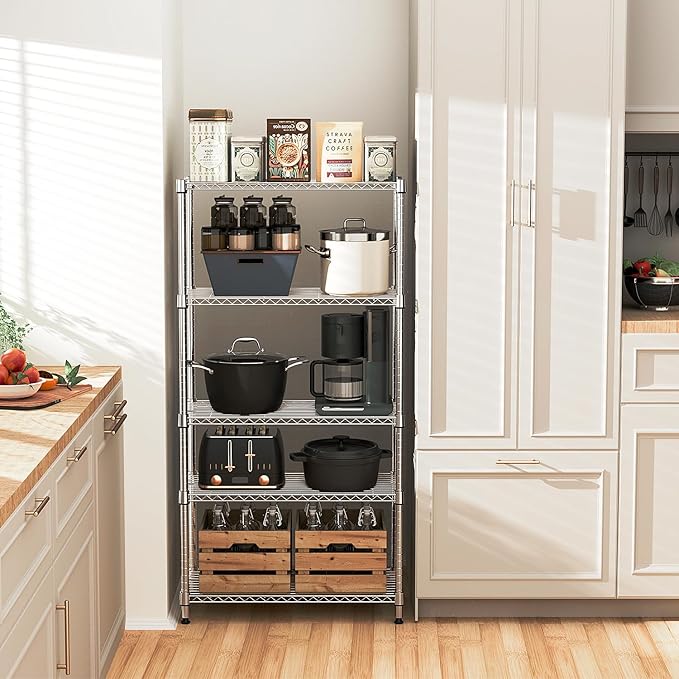 MZG 1750 lbs 5 Tier Storage Rack Metal Wire Shelving Unit, Storage Standing Household Shelf Organizer for Kitchen Pantry Closet Garage Basement Utility Room, Chrome 15.7" D x 45.3" W x 70.4" H