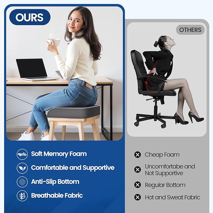 Seat Cushion for Tailbone Pain Relief, Office Chair Cushion, Memory Foam Large Chair Cushion with Non-Slip Cover for Soft Support at Office Chair, Car Seat, Airplane Grey/XLarge