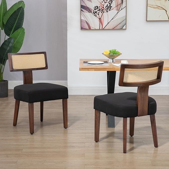 Upholstered Rattan Dining Chairs Set of 6, Mid-Century Modern Fabric Dining Room Chairs with Brown Hardwood Frame, Curved Backrest Kitchen Armless Accent Chairs for Living Room (Black)