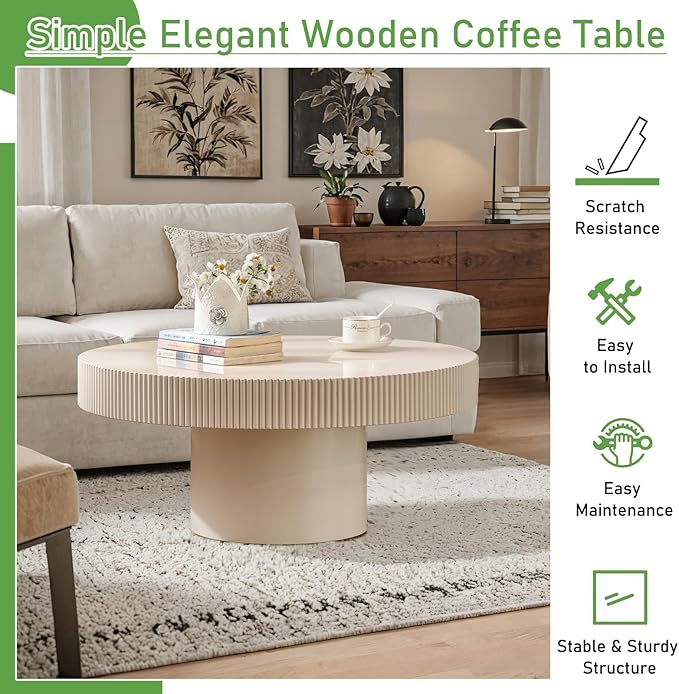 Round Coffee Table for Living Room, 30.71'' Modern Handcraft Drum Coffee Table Unique Fluted Coffee Tables Wood Center Table End Table for Small Space, Farmhouse Apartment Office (White Thin)
