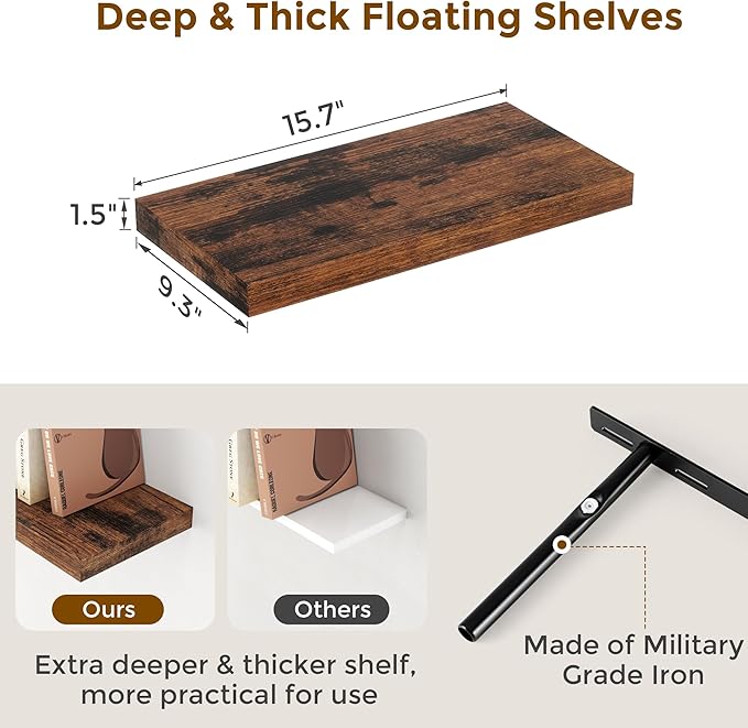 Floating Shelves 16 Inch Long, Wall-Mounted Bathroom Shelves Set of 2, 9.3 Inch Deep Shelf for Home Storage & Display, Wooden Deep Wall Shelves for Bedroom, Living Room, Kitchen, Rustic Brown