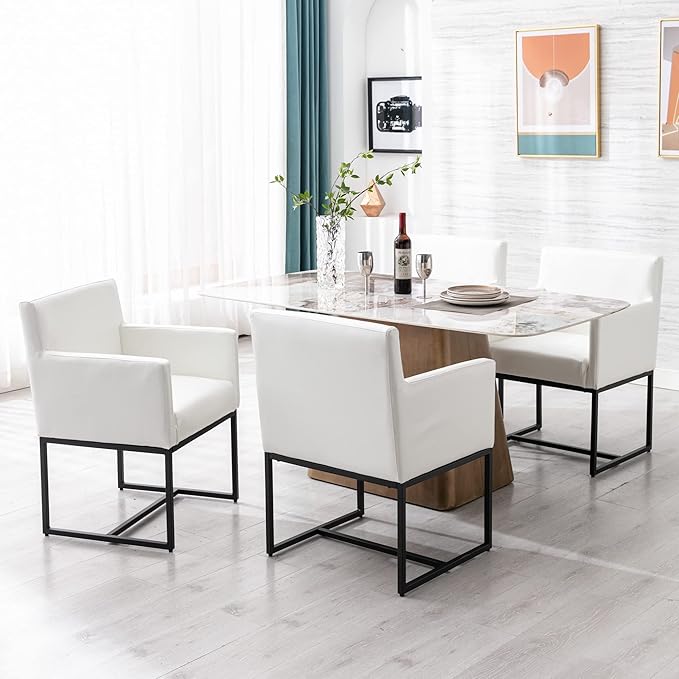 Set of 6 Upholstered Dining Chairs with Armrest, PU Leather Modern Accent Armchairs, Kitchen & Dining Room Chairs Side Chairs, White