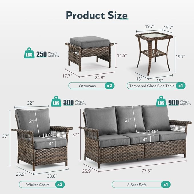6 Pieces Wicker Patio Furniture Set - Hollow Widen Armrests 3 Seat Outdoor Sofa & Comfy Chairs with Side Table & Ottomans, Small Patio Convention Set for Deck and Backyard - Brown/Gray
