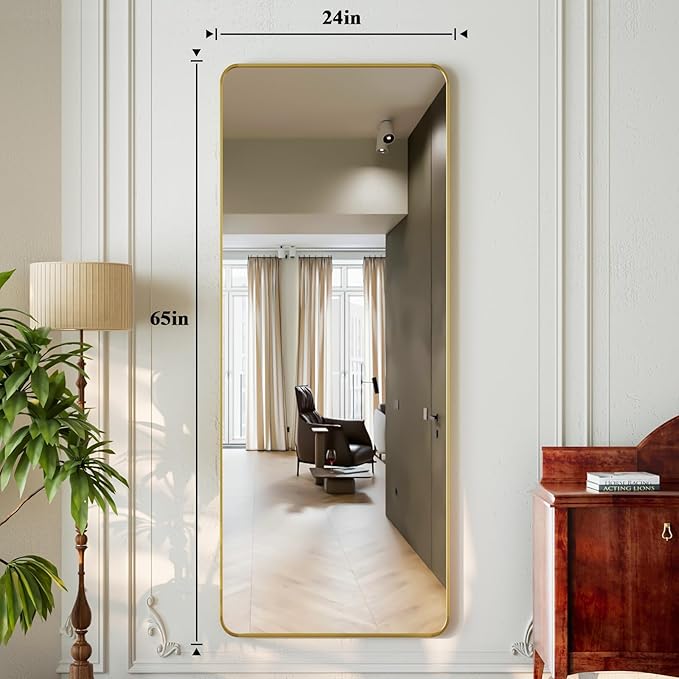 65"x24" Floor Full Length Mirror Standing Full Body Rounded Corner Rectangle Mirrors with Stand Hanging Wall Mounted Leaning Bedroom Living Room Bedroom Cloakroom,Gold