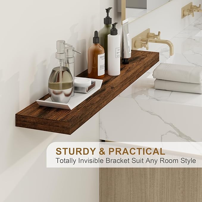 Fun Memories Floating Shelves for Wall, 55Inch Floating Shelves Set of 2, Hanging Shelf with Invisible Brackets, Wood Shelves for Living Room, Bedroom, Kitchen, Brown