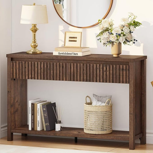 BON AUGURE Console Table with 2 Drawers, 47In Entryway Table with Storage, Sofa Tables with Two-Tier Shelf, Narrow Farmhouse Fluted Couch Tables for Living Room, Rustic Oak