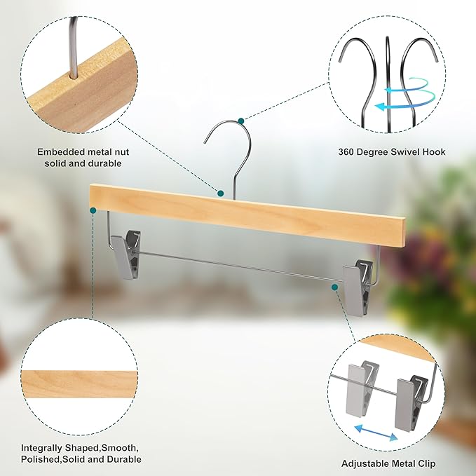 Quality Hangers 20 Pack Wooden Skirt Pant Hangers, Luxury 14" Ultra Thin Space Saving Skirt Hangers, 360 Degree Swivel Hook, Best for Pants, Skirts, Trousers, Leggings (20, Natural, Skirt/Pant)
