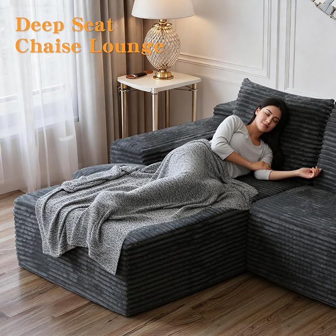 106'' Boneless Couches for Living Room, L Shaped Modular Sectional Sofa with Chaise Lounge, Faux Rabbit Fur & Layered Cushion Deep Seat Cloud Couch, No Assembly (Dark Grey, Left Facing Chaise)