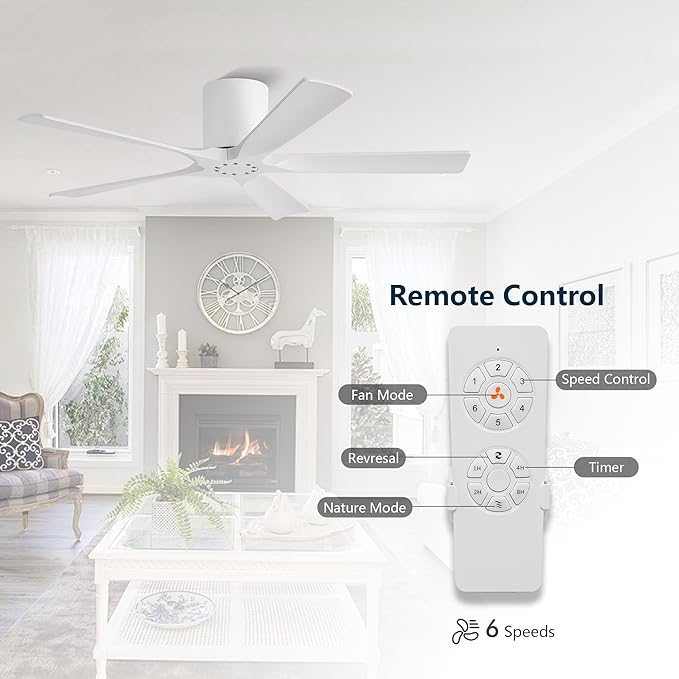 ELEHINSER 52 inch Low Profile Ceiling Fan without Light, 5 Solid Wood Blades,6-Speed,Quiet DC Motor, Timer,Flush Mount Modern Ceiling Fan No Light with Remote for Living Room Bedroom,White