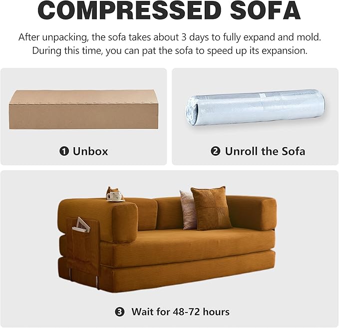 Compressed Sleeper sofa bed,Convertible Floor Boneless Couch-With Comfy Pillow,Modular Modern Corduroy Sofa for living room Bedroom Lounge Studio-With Fixed-shape Frame and support Armrest(Yellow)